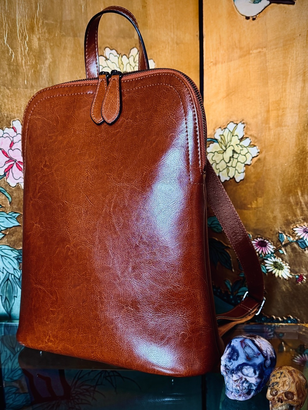 Genuine Leather Backpack in Cognac Brown - Classic Minimalist Design